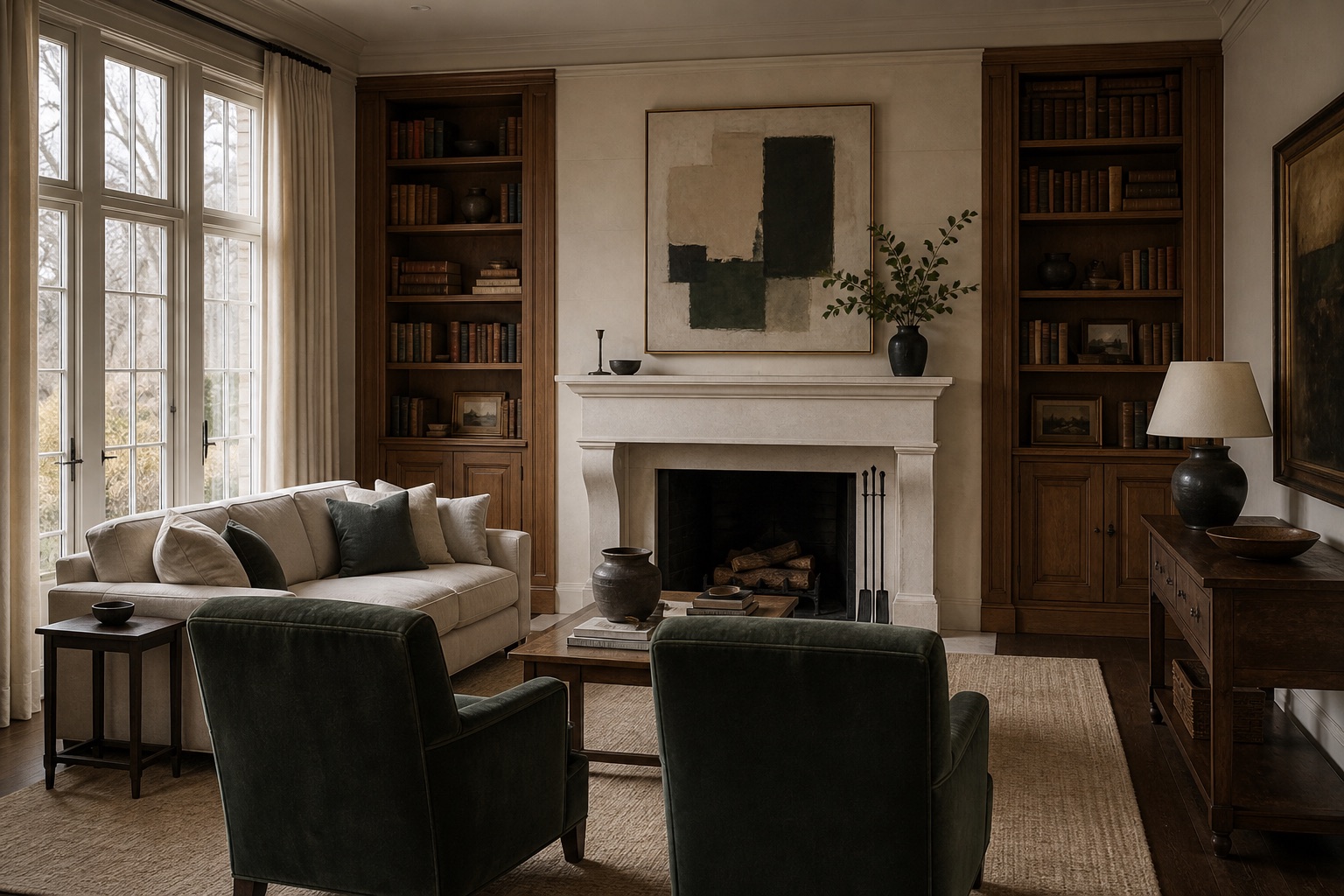Illustrative living room with a fireplace, bookshelves, armchairs, and artwork.